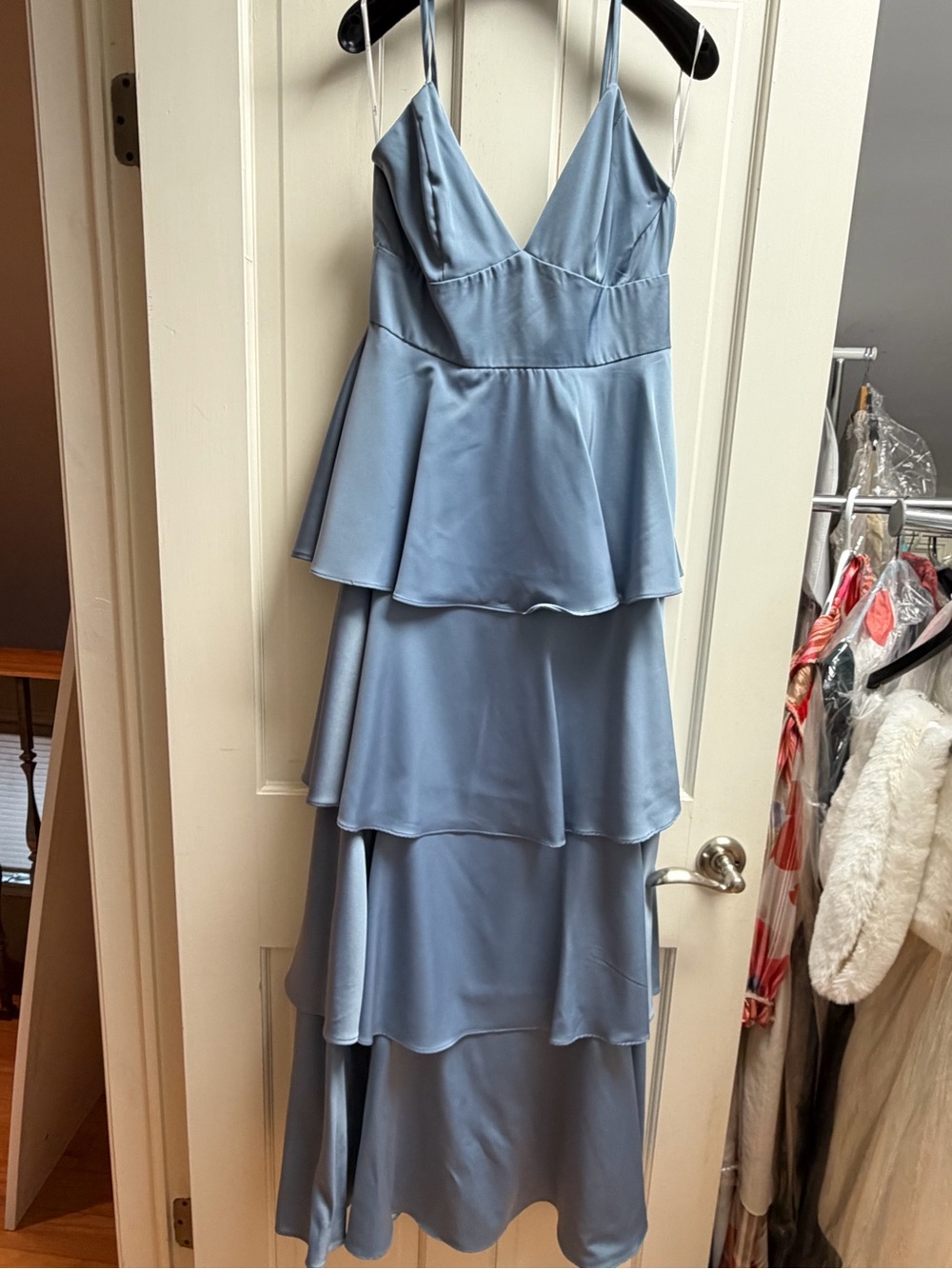 LULU’S Dusty Blue Tiered Gown